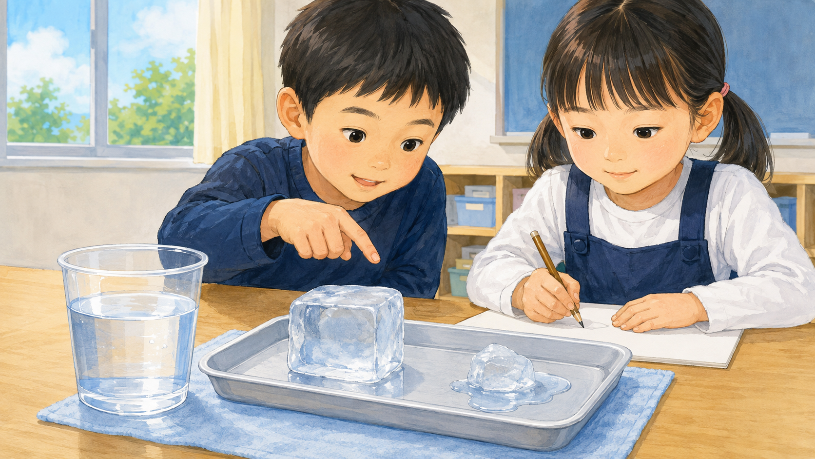 氷と水を観察する子どもたちのイメージ