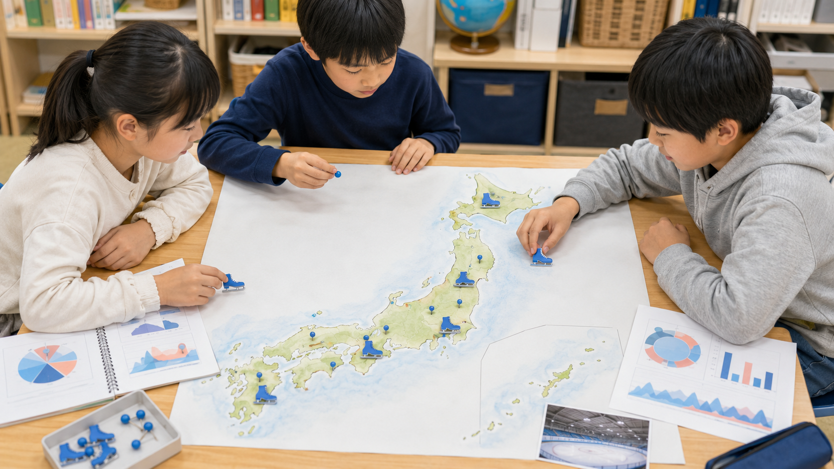 日本地図の上でスケートリンクの分布を調べる子どもたちのイメージ