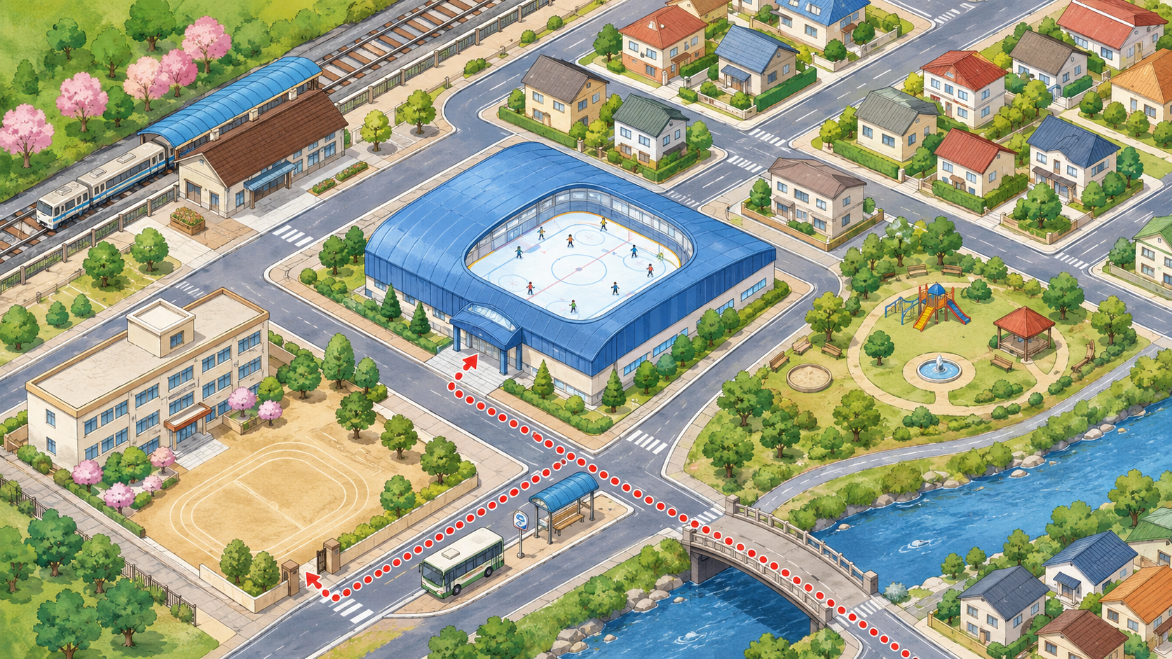 駅、学校、公園とスケートリンクがある架空の町の地図イメージ