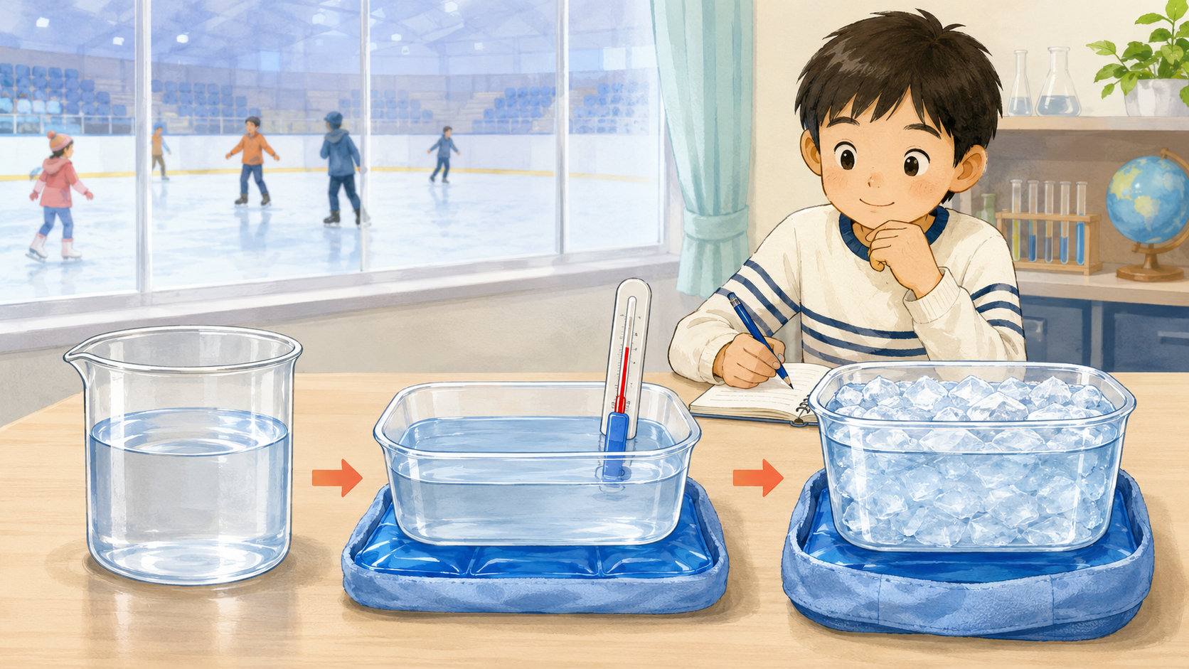 水を冷やして氷になる変化を記録するイメージ